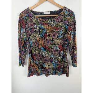 Notations Women's Large Y2k Floral Shirt Multi Color Belted Belt 3/4 Sleeve